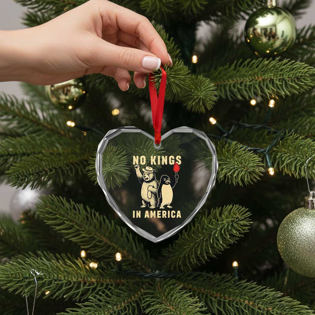 Funny Bear And Penguin Protest Heart Crystal Glass Ornament No Kings In America