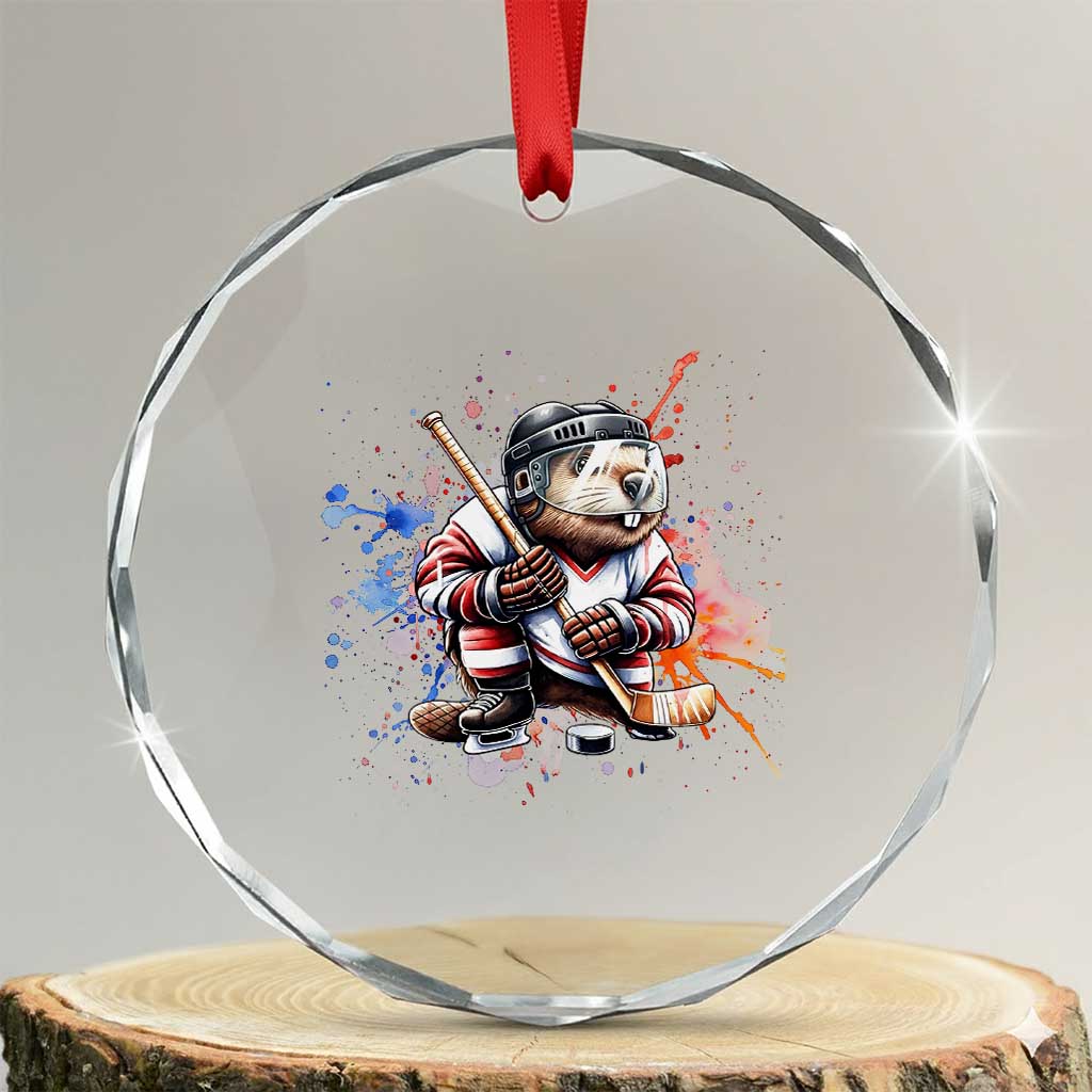 Funny Beaver Playing Ice Hockey Crystal Glass Ornament Winter Sports Gift - Wonder Print Shop
