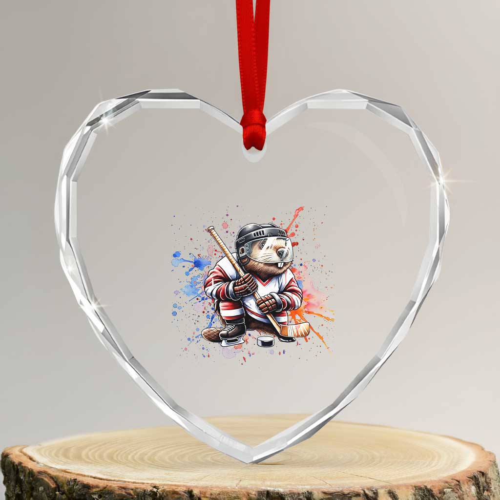 Funny Beaver Playing Ice Hockey Heart Crystal Glass Ornament Winter Sports Gift - Wonder Print Shop