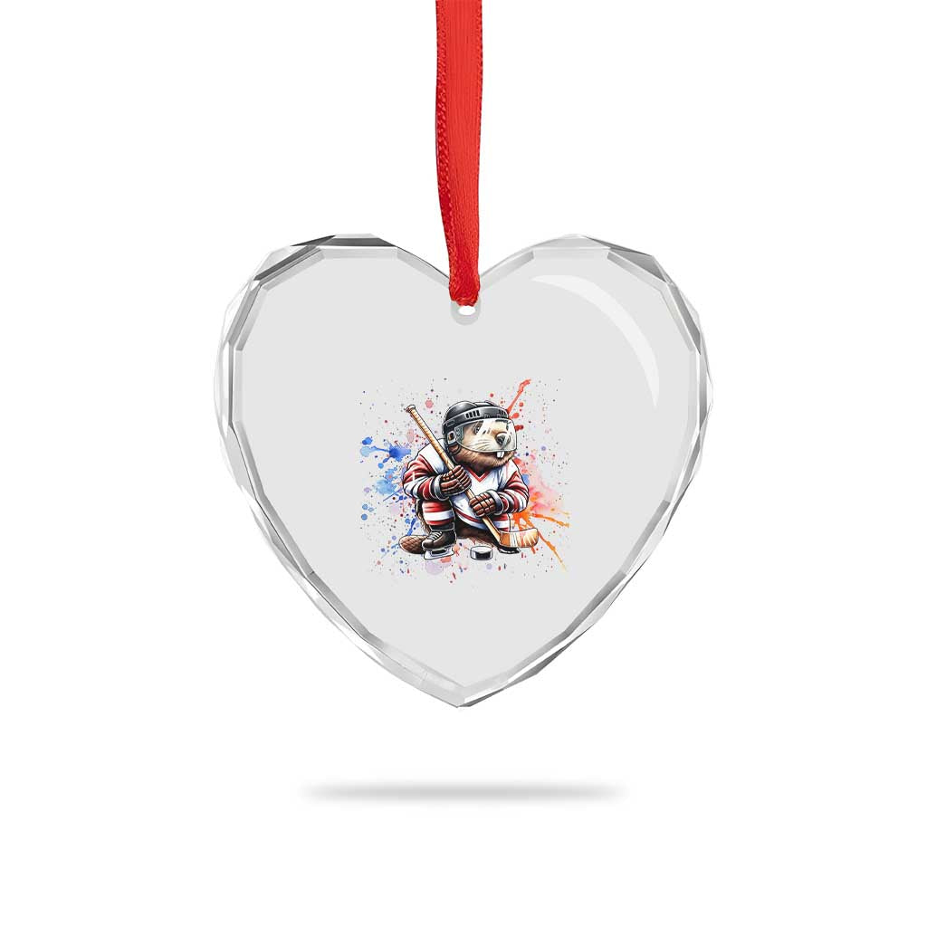 Funny Beaver Playing Ice Hockey Heart Crystal Glass Ornament Winter Sports Gift - Wonder Print Shop