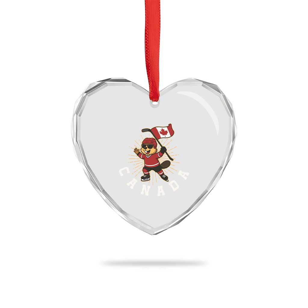 Funny Beaver Playing Ice Hockey With Canada Flag Gift Heart Crystal Glass Ornament - Wonder Print Shop