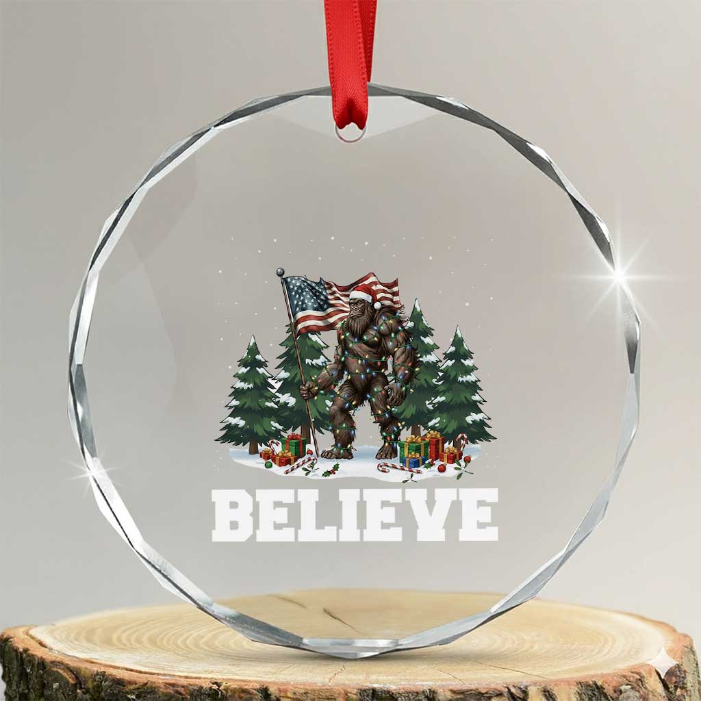 Funny Believe Bigfoot Christmas Crystal Glass Ornament American Flag Sasquatch Holiday Gift - Wonder Print Shop