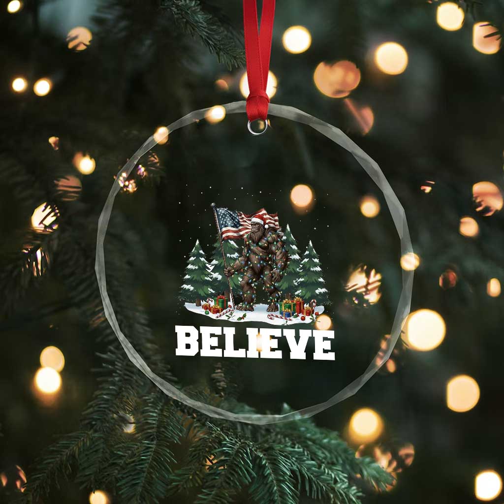 Funny Believe Bigfoot Christmas Crystal Glass Ornament American Flag Sasquatch Holiday Gift - Wonder Print Shop