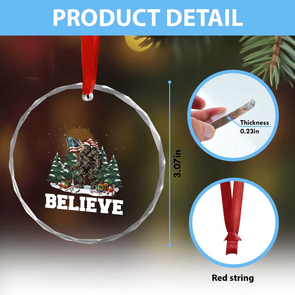 Funny Believe Bigfoot Christmas Crystal Glass Ornament American Flag Sasquatch Holiday Gift - Wonder Print Shop