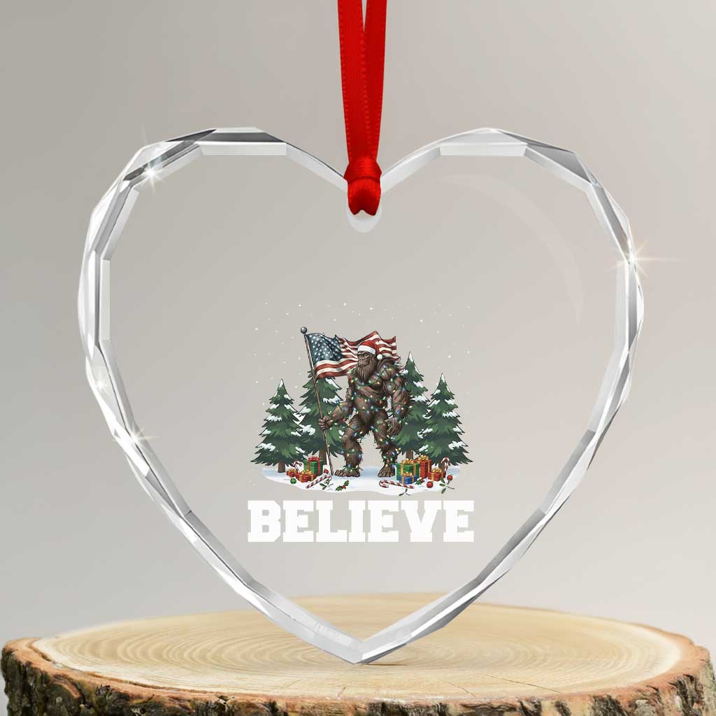 Funny Believe Bigfoot Christmas Heart Crystal Glass Ornament American Flag Sasquatch Holiday Gift - Wonder Print Shop