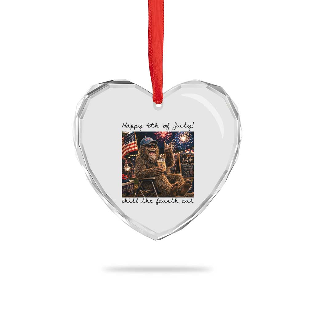 Funny Bigfoot 4th of July Heart Crystal Glass Ornament Patriotic Sasquatch American Flag Party Festival