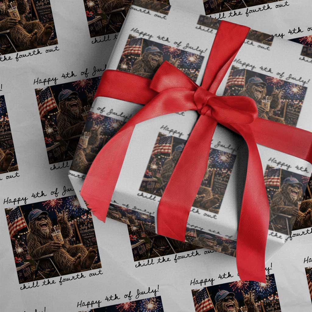 Funny Bigfoot 4th of July Wrapping Paper Roll Patriotic Sasquatch American Flag Party Festival