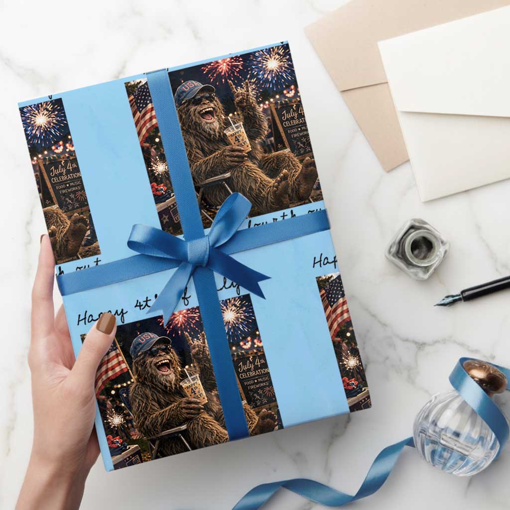 Funny Bigfoot 4th of July Wrapping Paper Roll Patriotic Sasquatch American Flag Party Festival