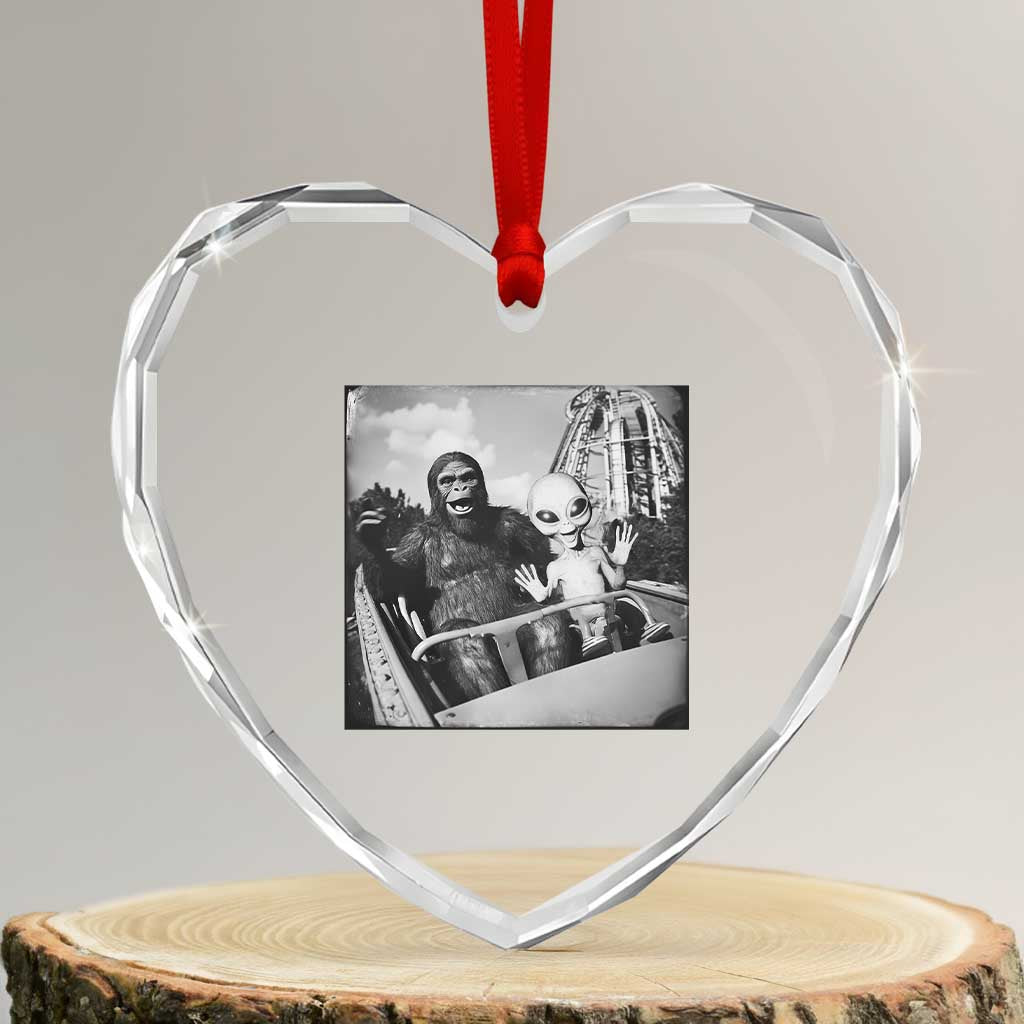 Funny Bigfoot Alien Heart Crystal Glass Ornament Sasquatch UFO Coaster - Wonder Print Shop