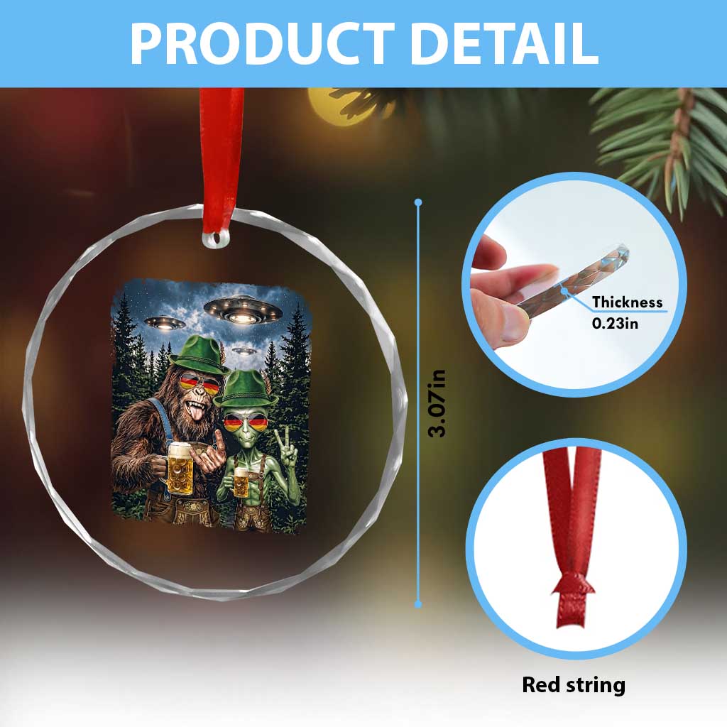 Funny Bigfoot Alien Oktoberfest Crystal Glass Ornament Selfie Beer Party German Lederhosen UFO Gift