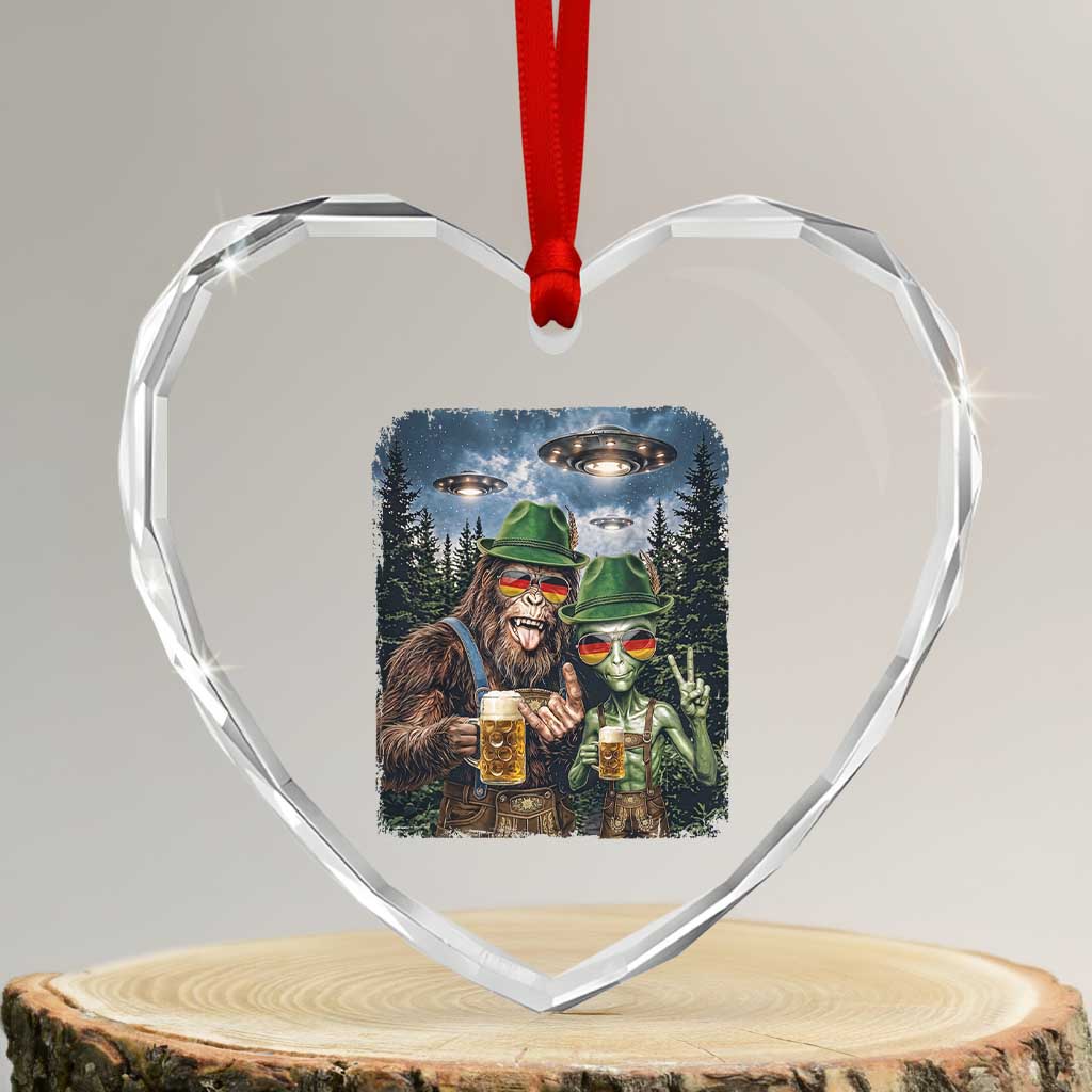 Funny Bigfoot Alien Oktoberfest Heart Crystal Glass Ornament Selfie Beer Party German Lederhosen UFO Gift