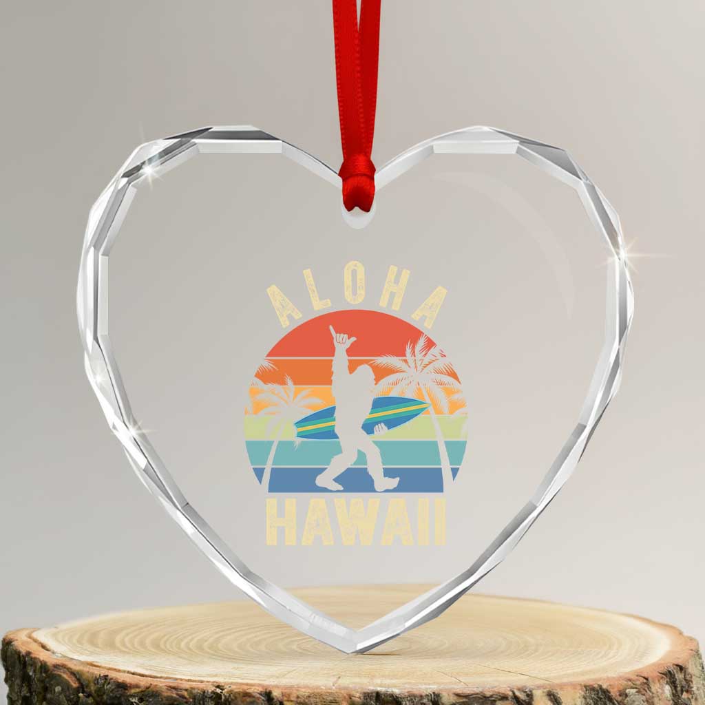 Funny Bigfoot Aloha Hawaiian Surfing Heart Crystal Glass Ornament Tropical Beach Surfer Gift