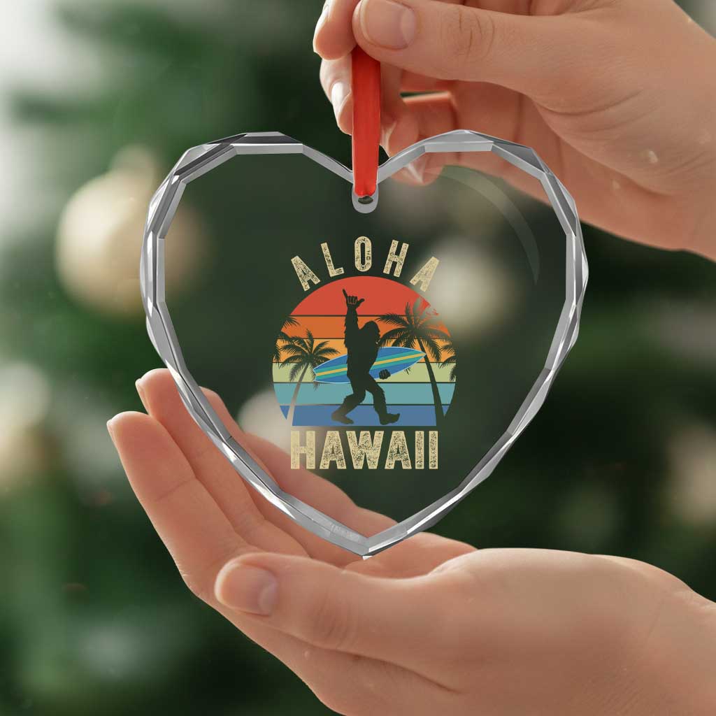 Funny Bigfoot Aloha Hawaiian Surfing Heart Crystal Glass Ornament Tropical Beach Surfer Gift