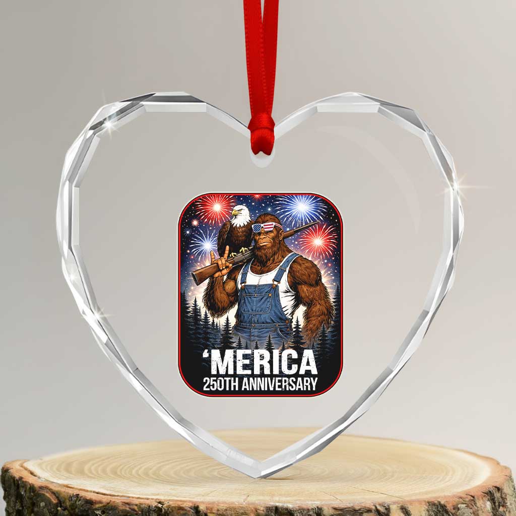 Funny Bigfoot America 250 Years Of American Freedom Heart Crystal Glass Ornament