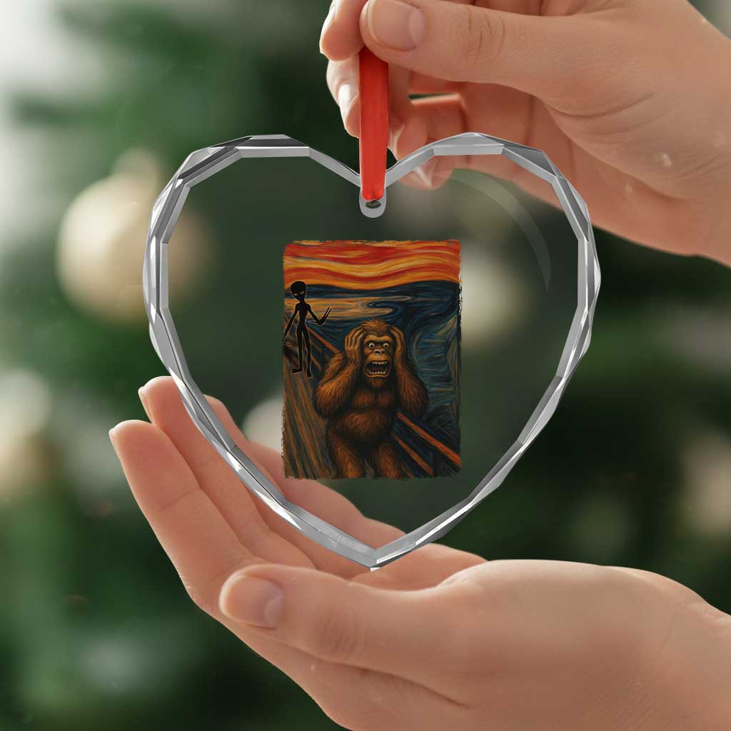 Funny Bigfoot And Alien Heart Crystal Glass Ornament Parody The Scream Art Meme Gift - Wonder Print Shop