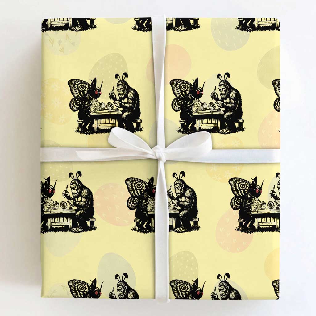 Funny Bigfoot And Mothman Egg Painting Wrapping Paper Roll Cryptid Easter Gift