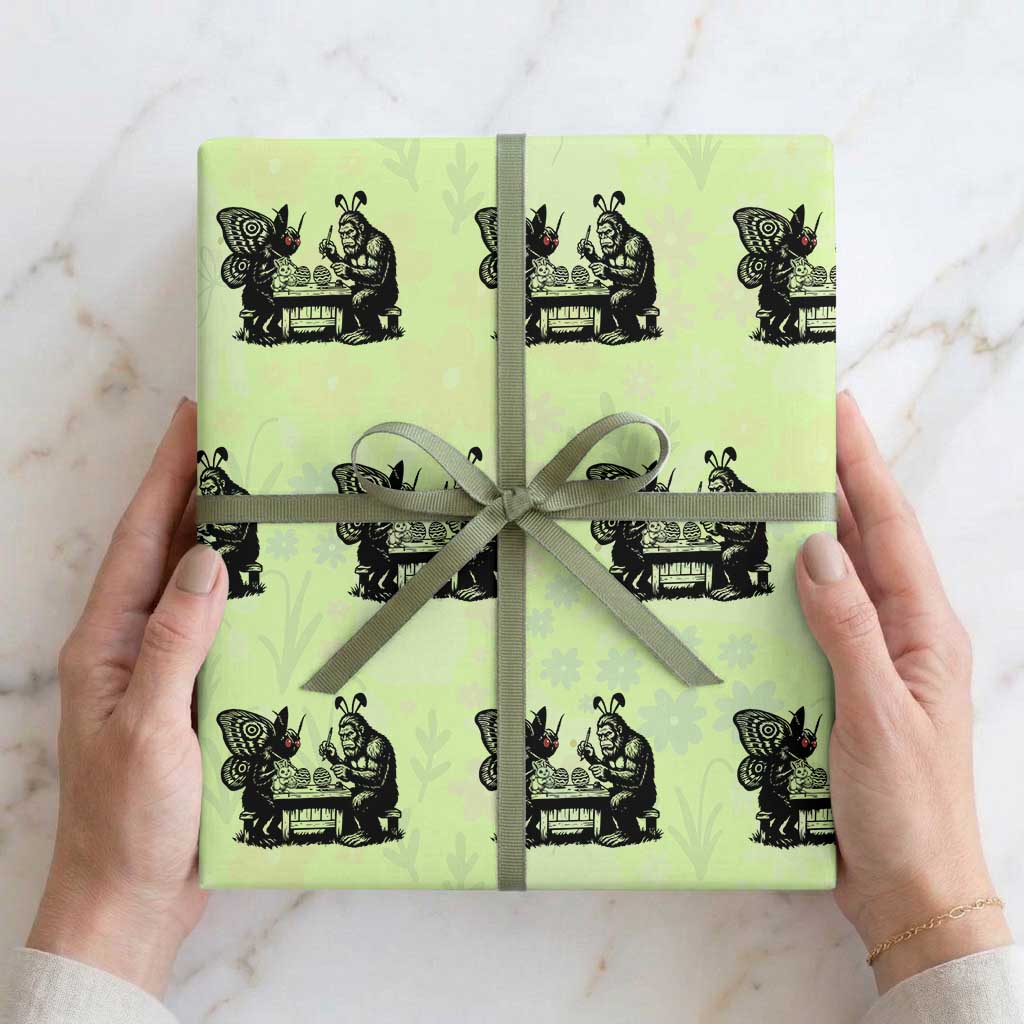 Funny Bigfoot And Mothman Egg Painting Wrapping Paper Roll Cryptid Easter Gift
