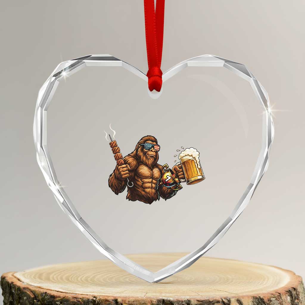 Funny Bigfoot BBQ Party Heart Crystal Glass Ornament Sasquatch Drinking Beer Celebrate Championship - Wonder Print Shop