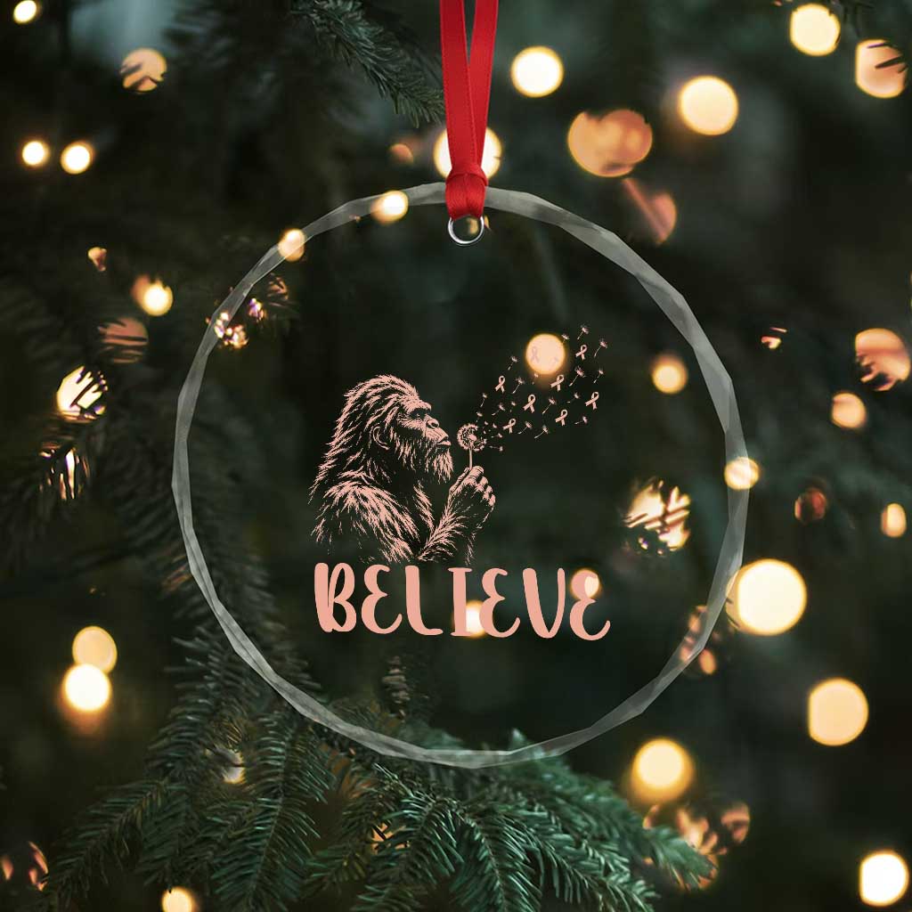 Funny Bigfoot Blowing Dandelion Flower Graphic Crystal Glass Ornament Believe Endometrial Cancer Awareness