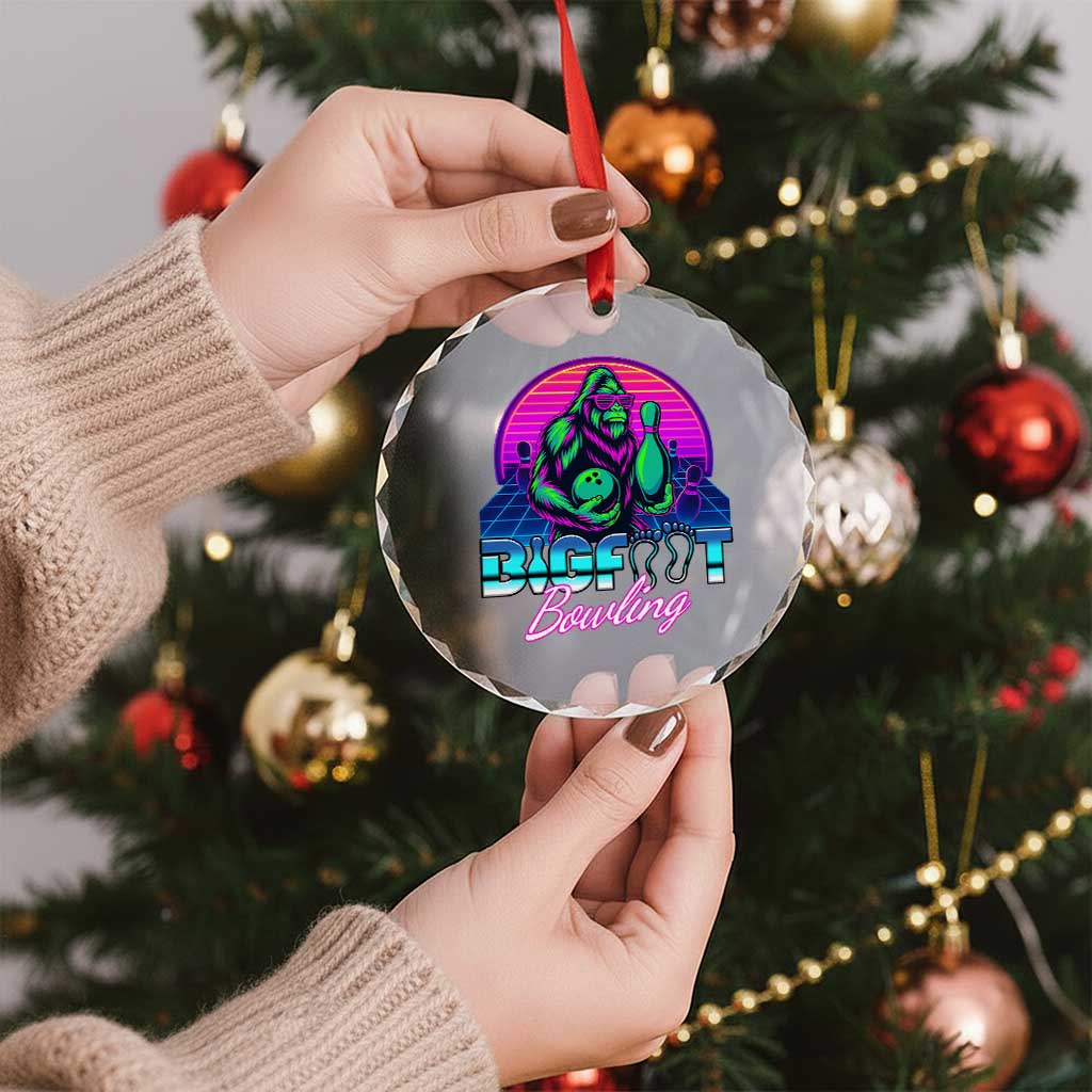 Funny Bigfoot Bowling Vaporwave Gift Crystal Glass Ornament - Wonder Print Shop