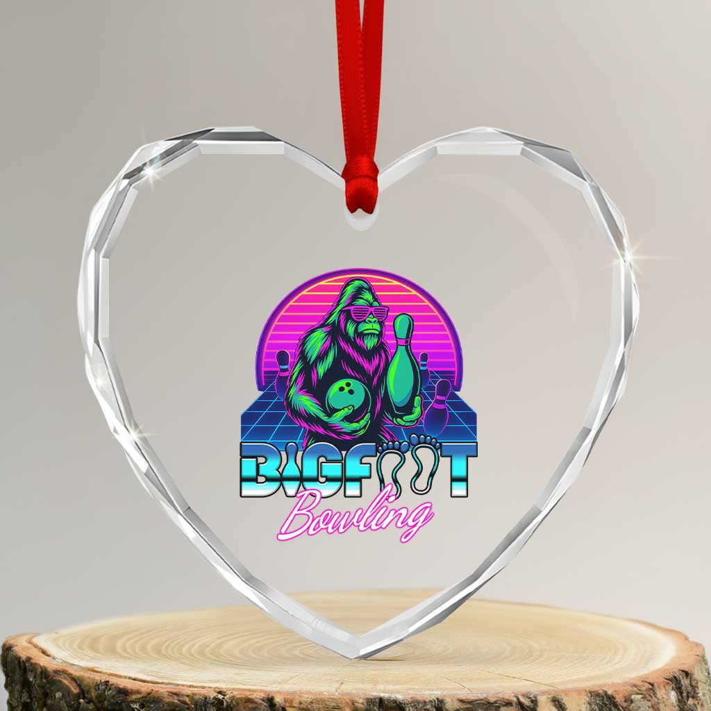 Funny Bigfoot Bowling Vaporwave Gift Heart Crystal Glass Ornament - Wonder Print Shop