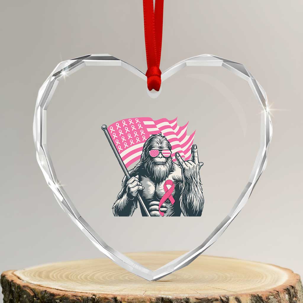 Funny Bigfoot Breast Cancer Awareness Heart Crystal Glass Ornament Sasquatch Pink Ribbon - Wonder Print Shop