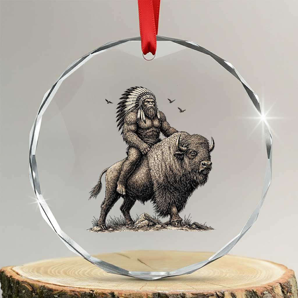 Funny Bigfoot Buffalo Rider Crystal Glass Ornament Native Inspired Heritage Graphic