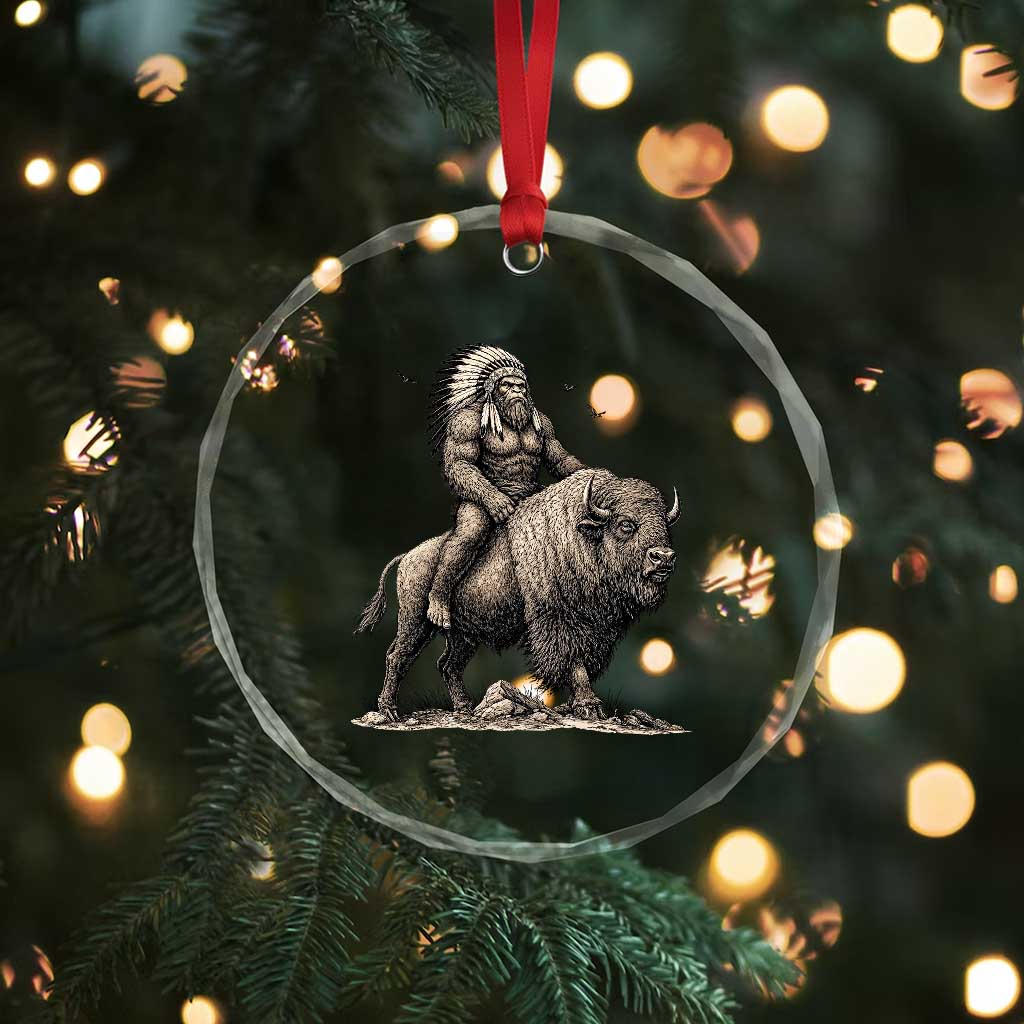 Funny Bigfoot Buffalo Rider Crystal Glass Ornament Native Inspired Heritage Graphic