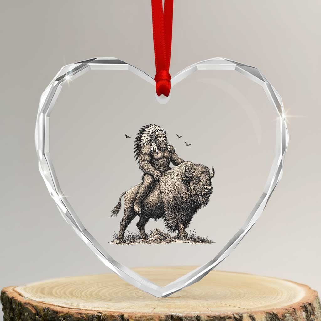Funny Bigfoot Buffalo Rider Heart Crystal Glass Ornament Native Inspired Heritage Graphic