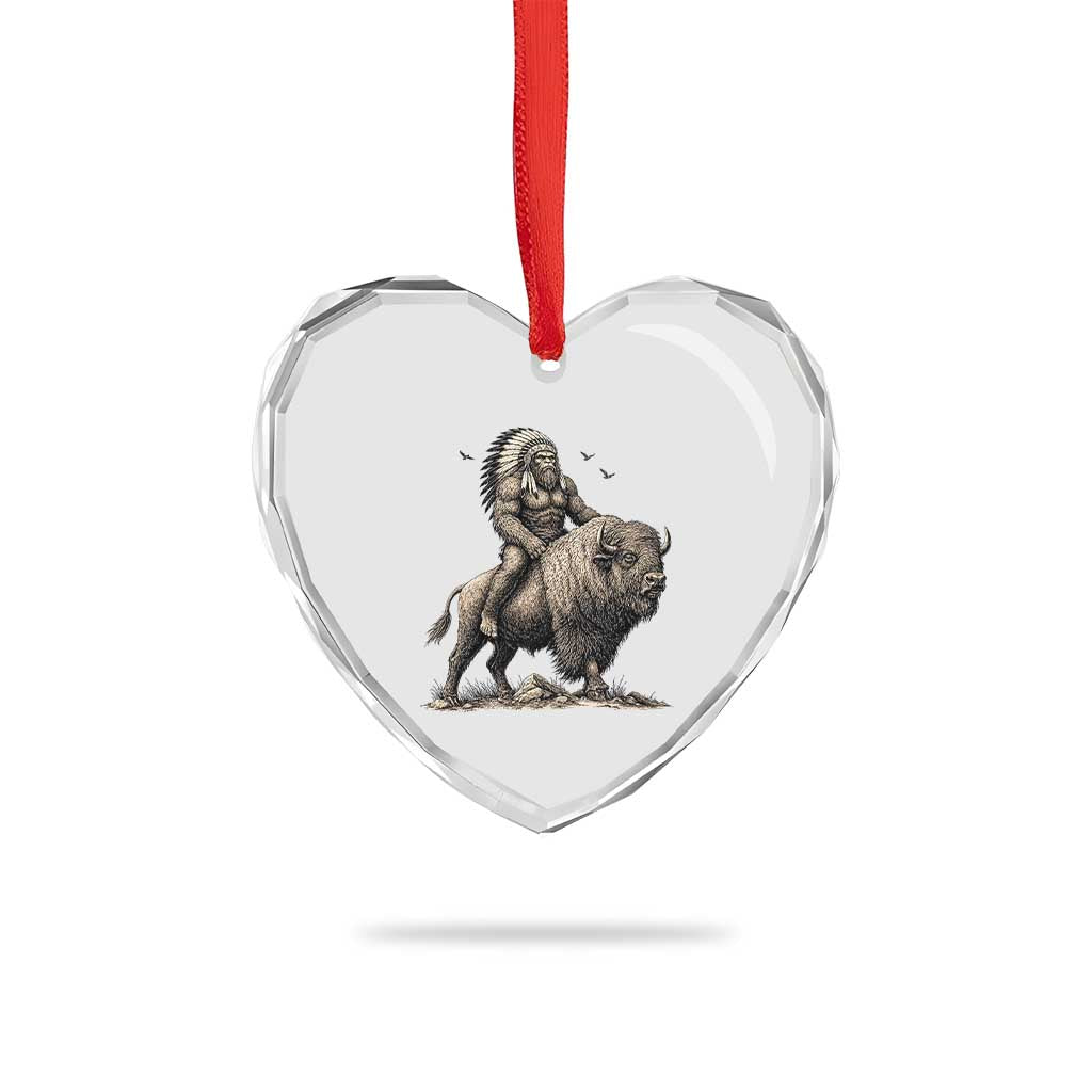 Funny Bigfoot Buffalo Rider Heart Crystal Glass Ornament Native Inspired Heritage Graphic
