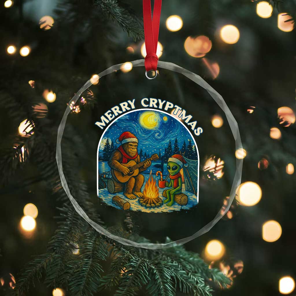 Funny Bigfoot Christmas Crystal Glass Ornament Sasquatch Alien Merry Cryptmas - Wonder Print Shop