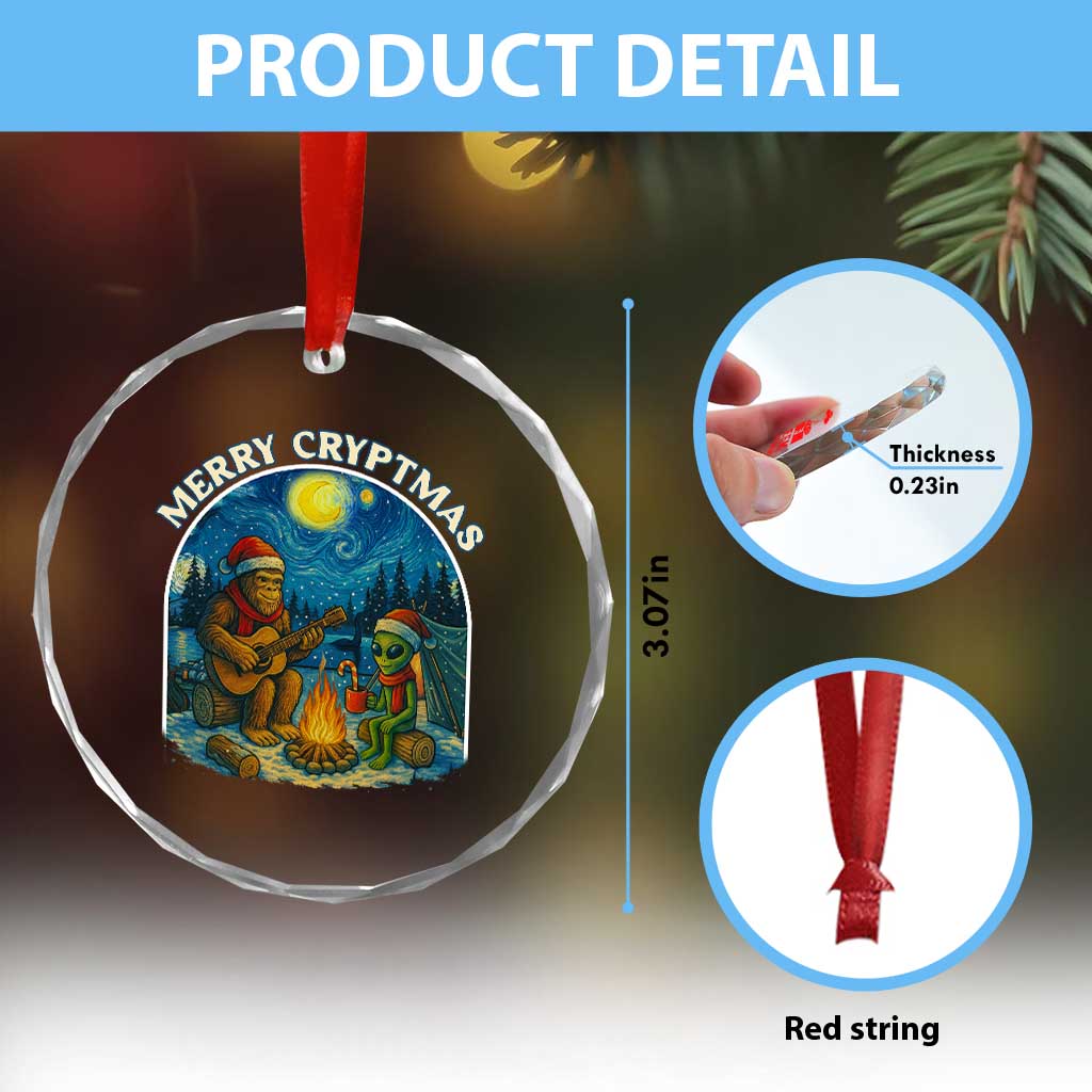 Funny Bigfoot Christmas Crystal Glass Ornament Sasquatch Alien Merry Cryptmas - Wonder Print Shop