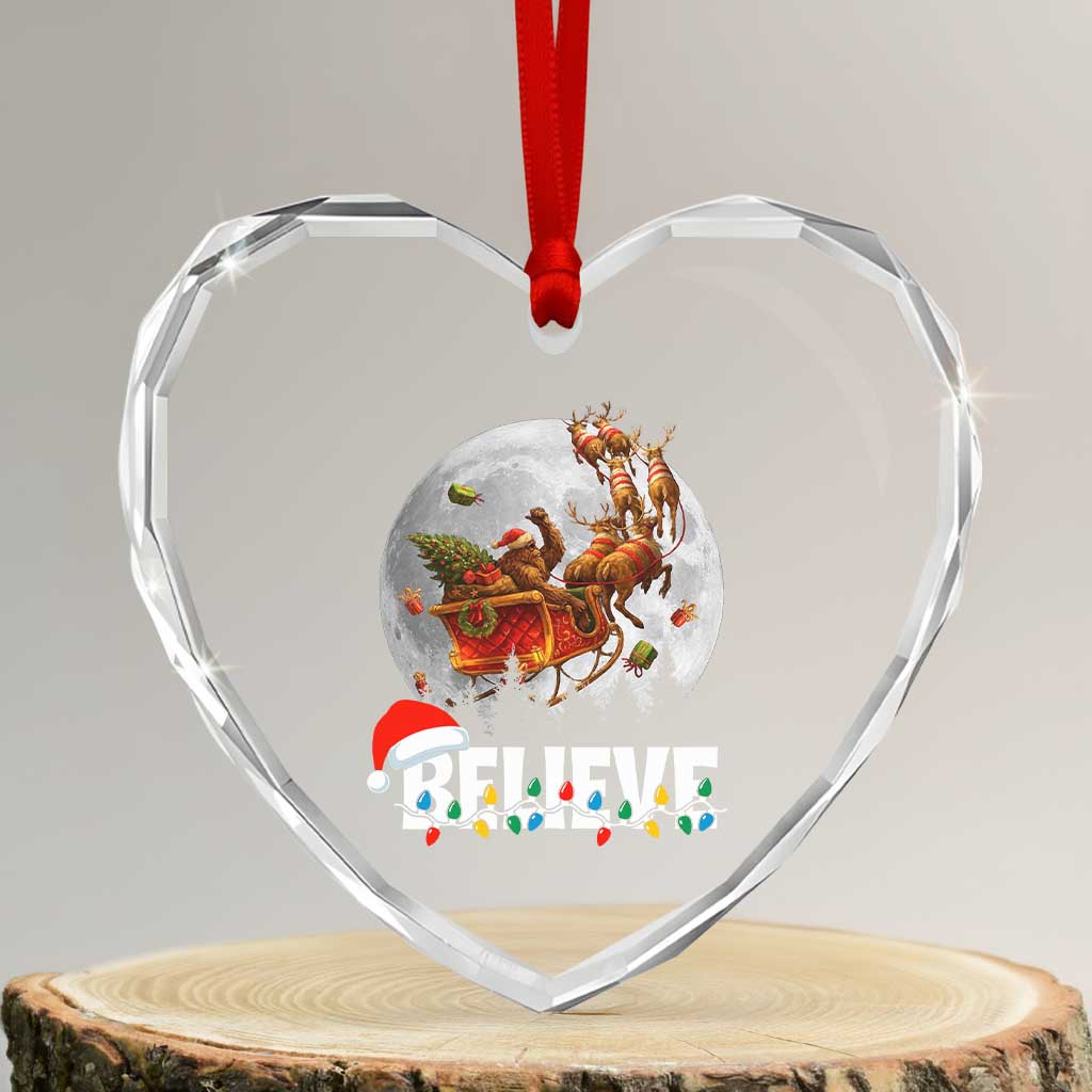Funny Bigfoot Christmas Heart Crystal Glass Ornament Believe Santa Sasquatch Xmas Reindeer Sleigh - Wonder Print Shop