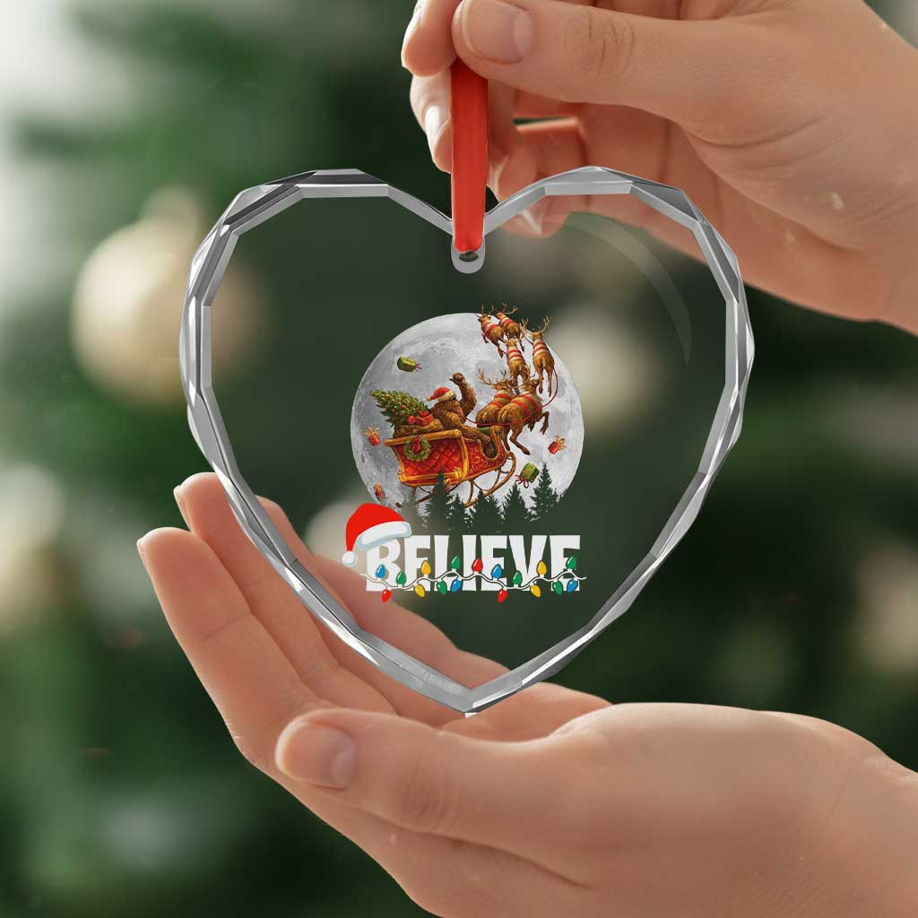 Funny Bigfoot Christmas Heart Crystal Glass Ornament Believe Santa Sasquatch Xmas Reindeer Sleigh - Wonder Print Shop