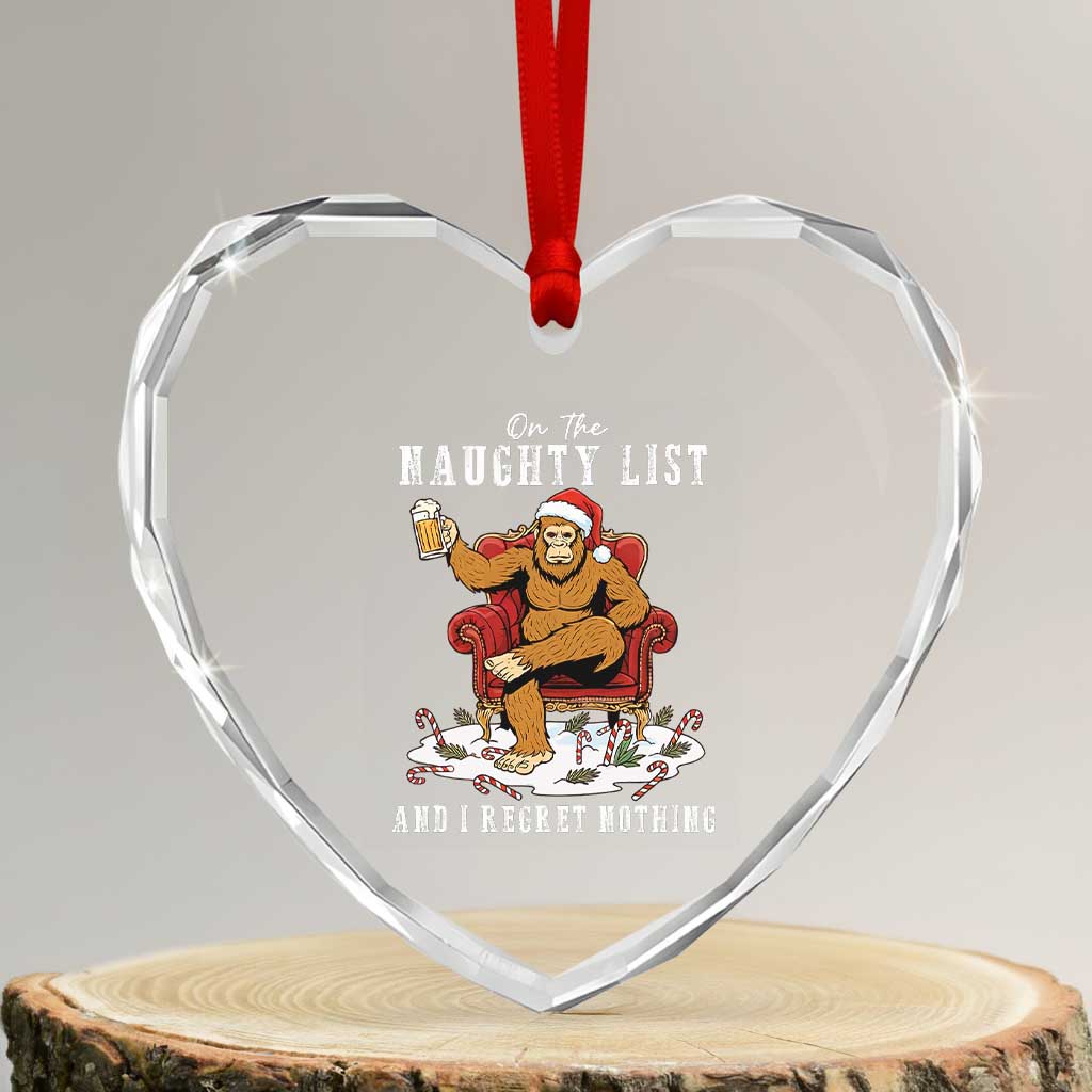 Funny Bigfoot Christmas Heart Crystal Glass Ornament On The Naughty List And I Regret Nothing - Wonder Print Shop