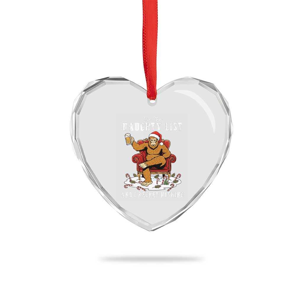 Funny Bigfoot Christmas Heart Crystal Glass Ornament On The Naughty List And I Regret Nothing - Wonder Print Shop