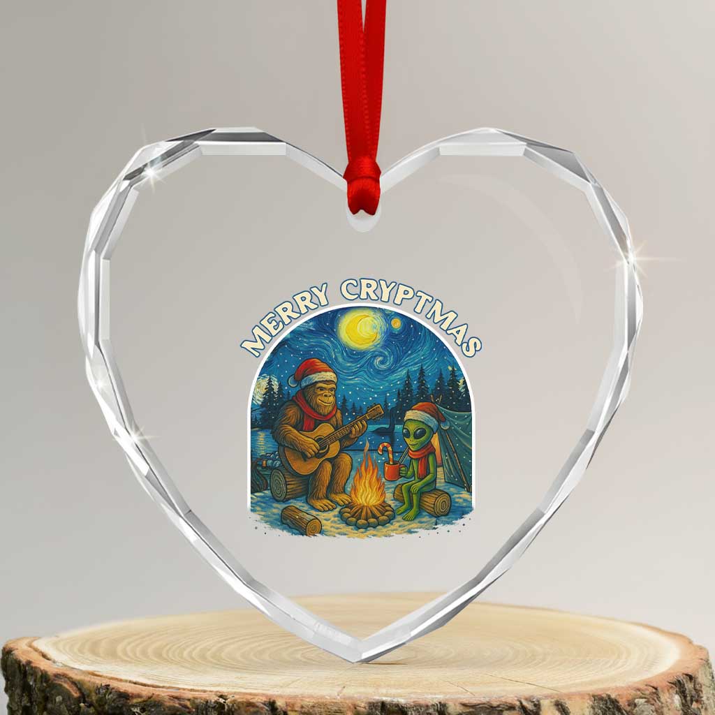 Funny Bigfoot Christmas Heart Crystal Glass Ornament Sasquatch Alien Merry Cryptmas - Wonder Print Shop