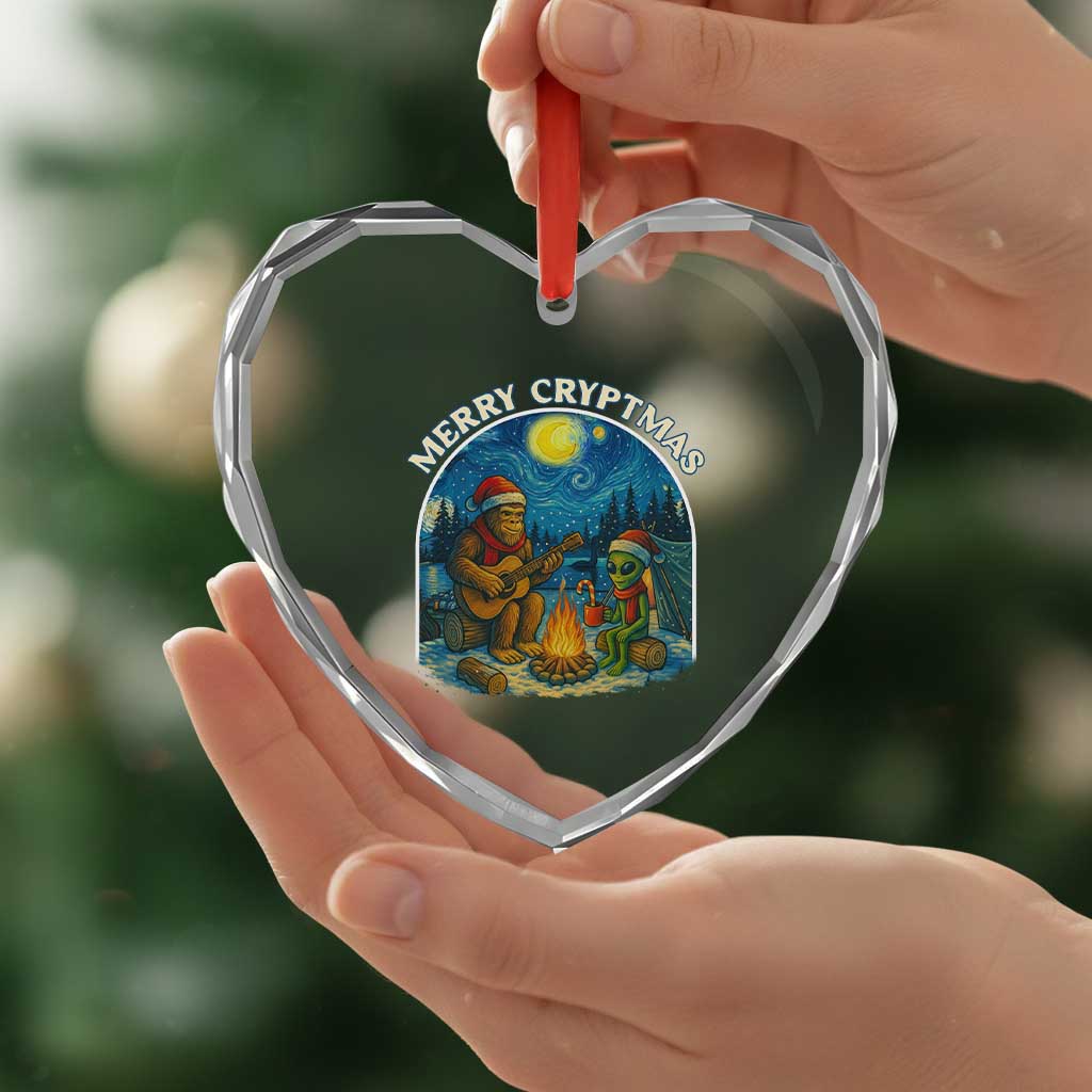 Funny Bigfoot Christmas Heart Crystal Glass Ornament Sasquatch Alien Merry Cryptmas - Wonder Print Shop