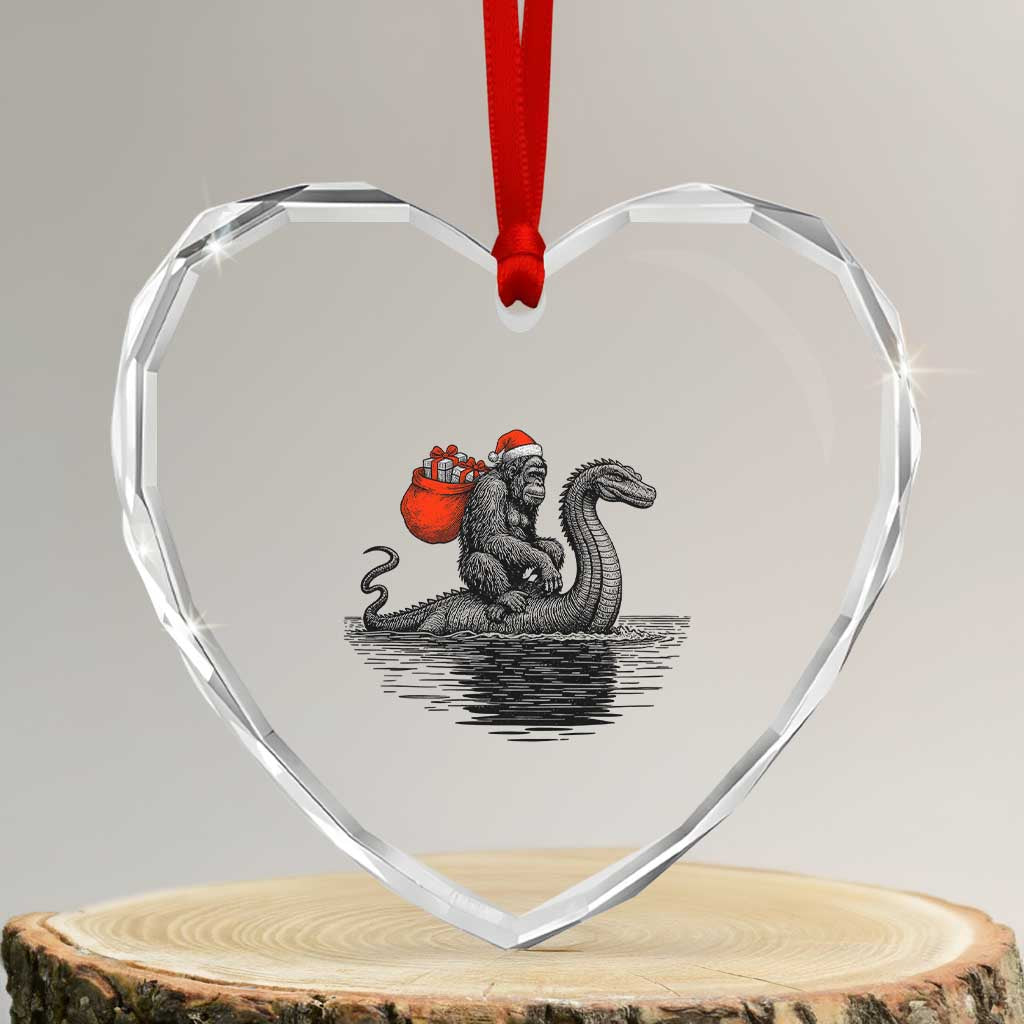 Funny Bigfoot Christmas Heart Crystal Glass Ornament Sasquatch Loch Ness Cryptid Xmas - Wonder Print Shop