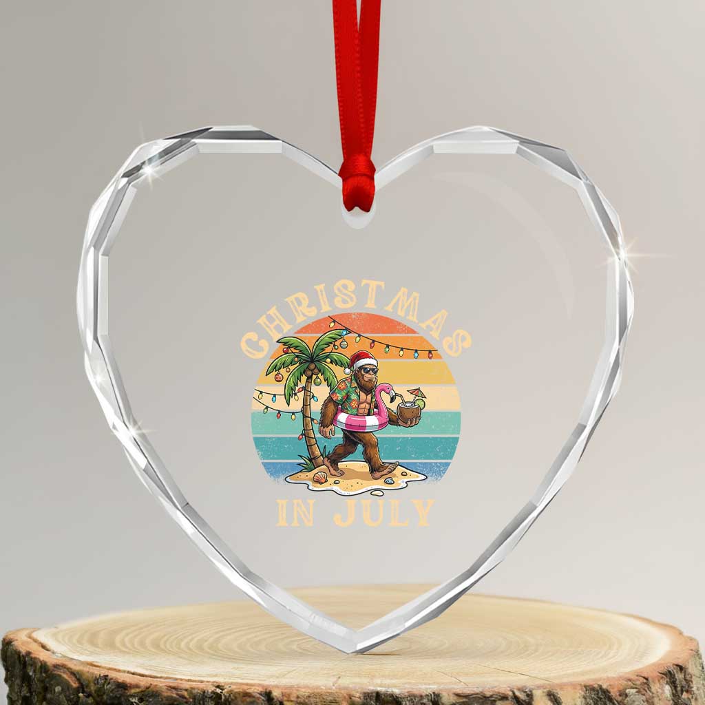 Funny Bigfoot Christmas In July Beach Vacation Heart Crystal Glass Ornament