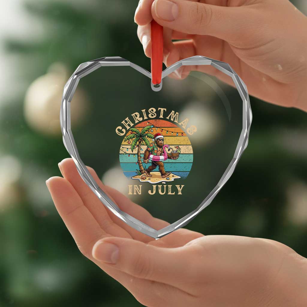 Funny Bigfoot Christmas In July Beach Vacation Heart Crystal Glass Ornament