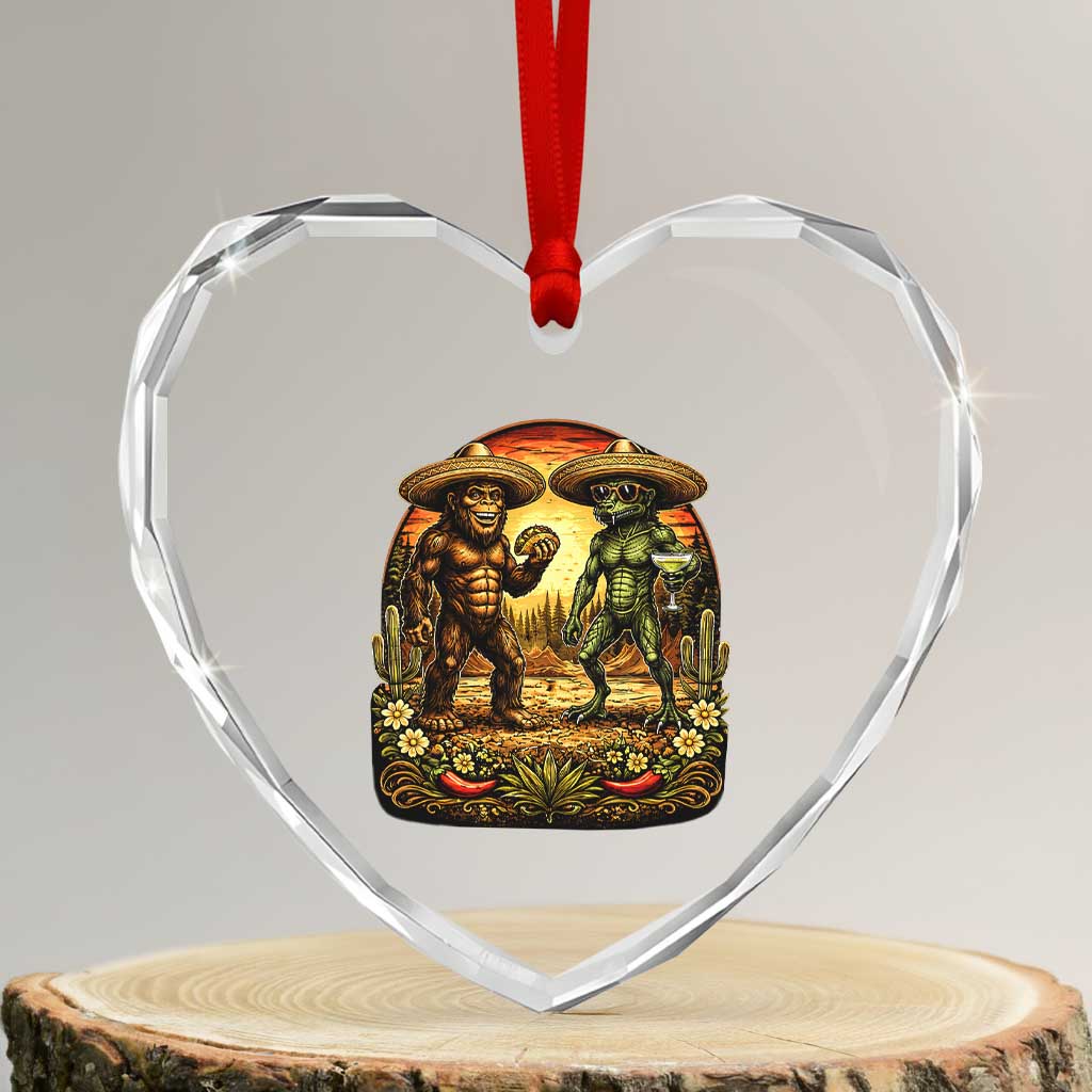 Funny Bigfoot Chupacabra Cinco De Mayo Heart Crystal Glass Ornament Cryptid Lover Gift