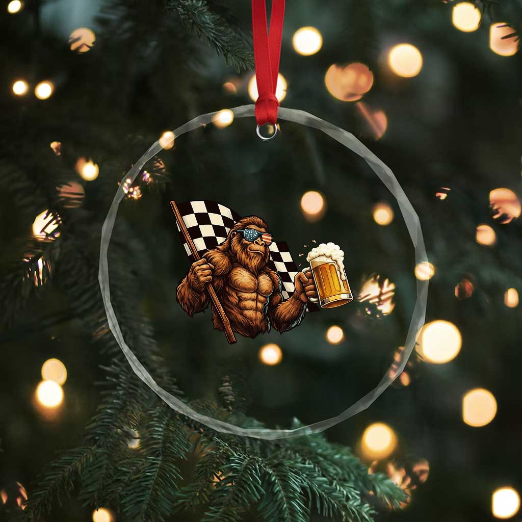 Funny Bigfoot Crystal Glass Ornament Sasquatch Drinking Beer Racing Car - Wonder Print Shop