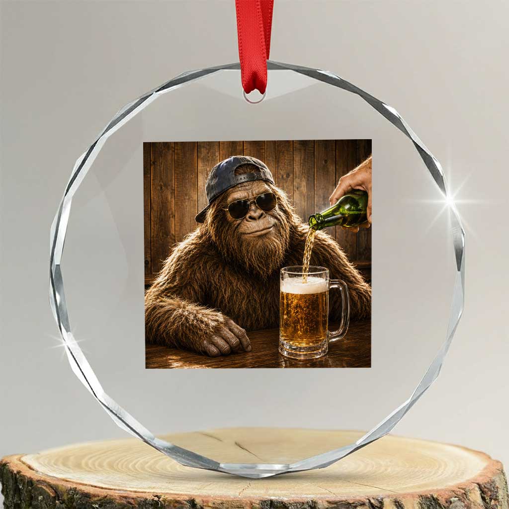 Funny Bigfoot Drinking Beer Crystal Glass Ornament Vintage Cool Sunglasses Sasquatch Pub Graphic
