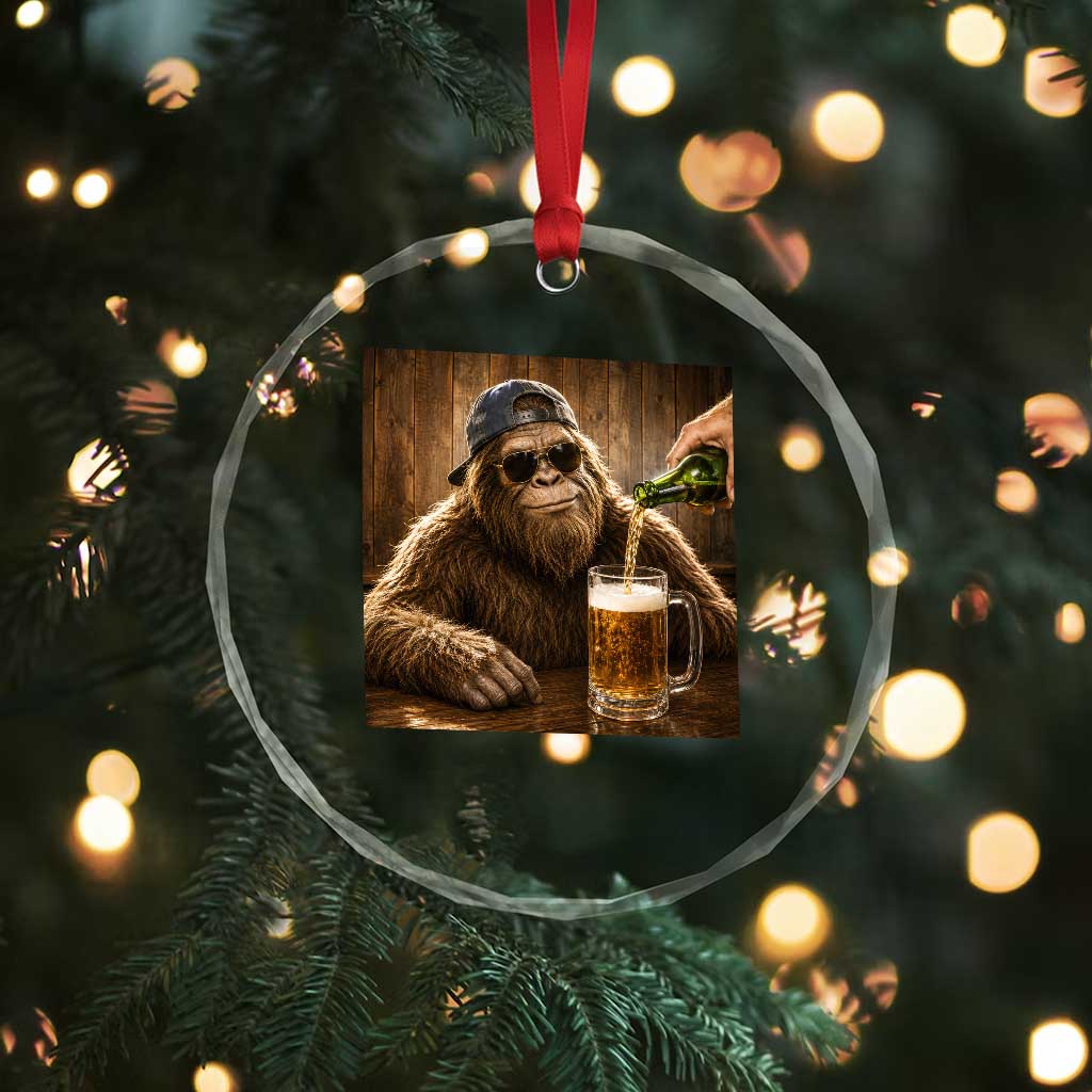 Funny Bigfoot Drinking Beer Crystal Glass Ornament Vintage Cool Sunglasses Sasquatch Pub Graphic