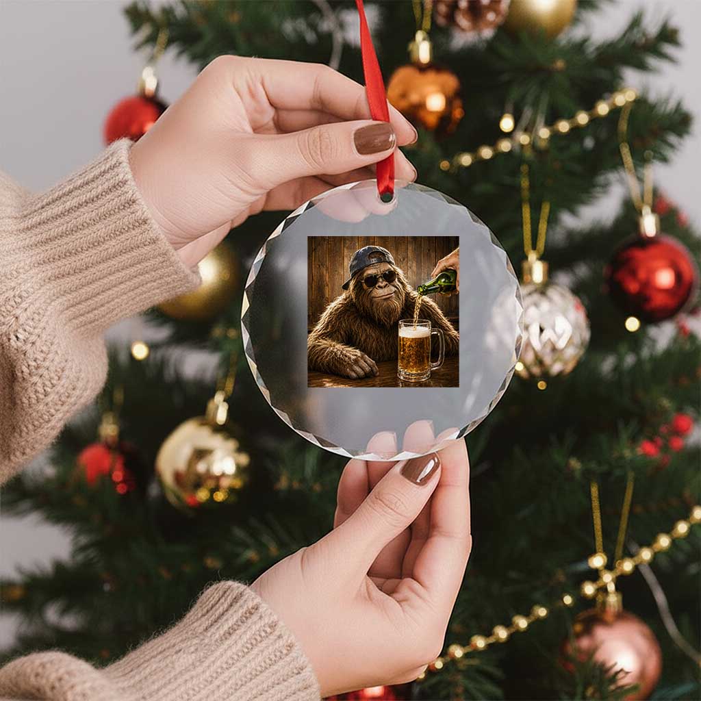 Funny Bigfoot Drinking Beer Crystal Glass Ornament Vintage Cool Sunglasses Sasquatch Pub Graphic