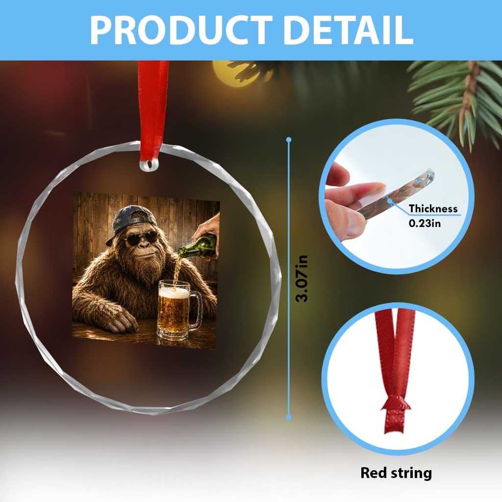 Funny Bigfoot Drinking Beer Crystal Glass Ornament Vintage Cool Sunglasses Sasquatch Pub Graphic