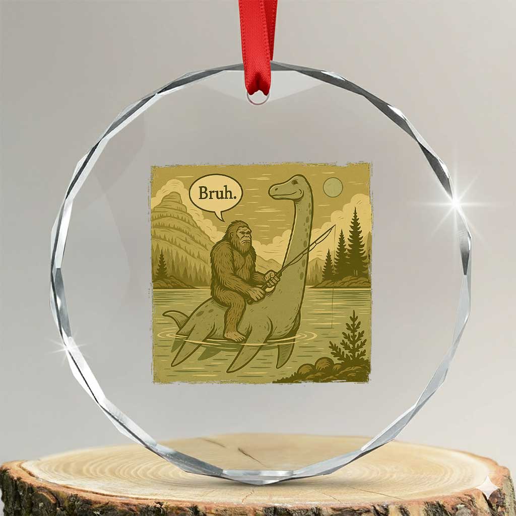 Funny Bigfoot Fishing Crystal Glass Ornament Sasquatch Loch Ness Monster Introvert Bruh - Wonder Print Shop