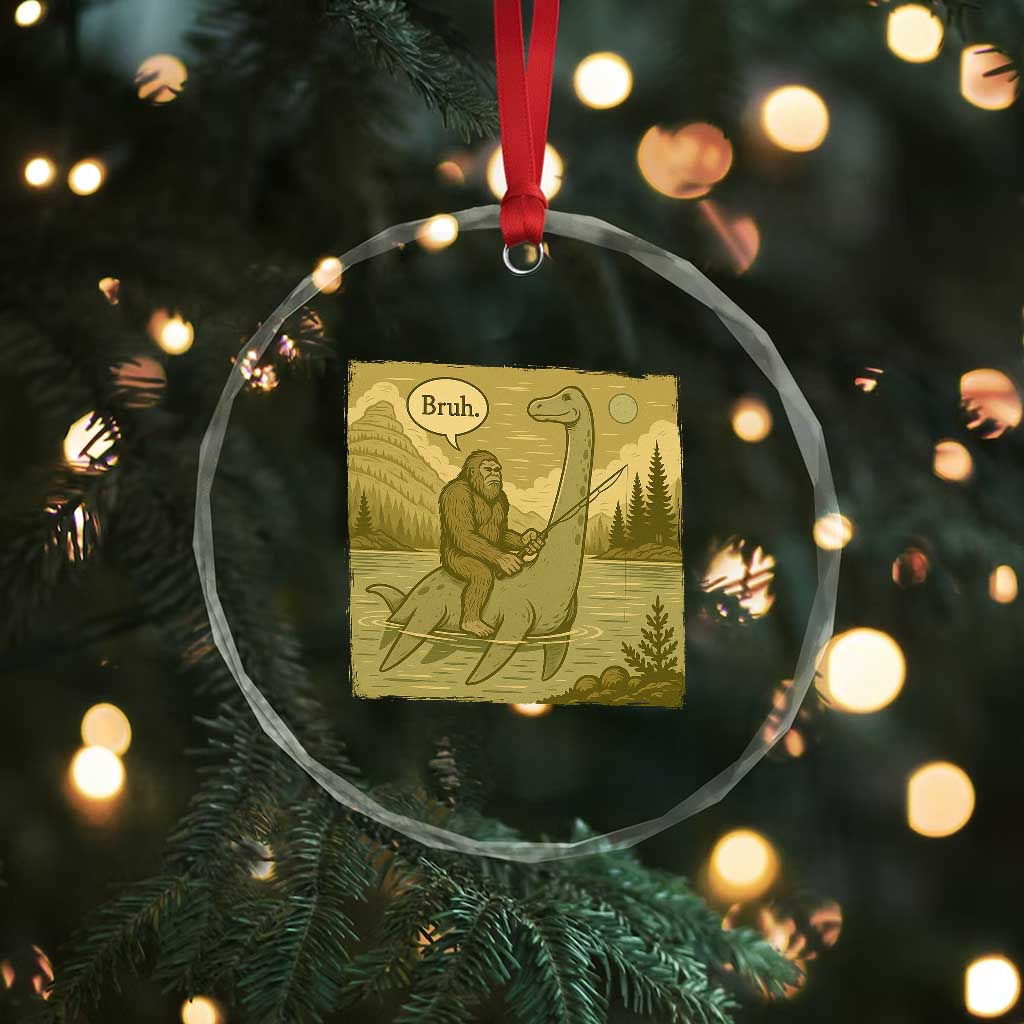 Funny Bigfoot Fishing Crystal Glass Ornament Sasquatch Loch Ness Monster Introvert Bruh - Wonder Print Shop