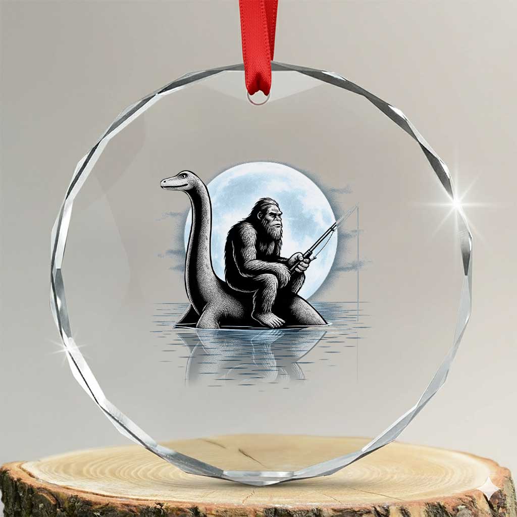 Funny Bigfoot Fishing Crystal Glass Ornament Sasquatch Riding Nessie Cryptid Moon Night - Wonder Print Shop